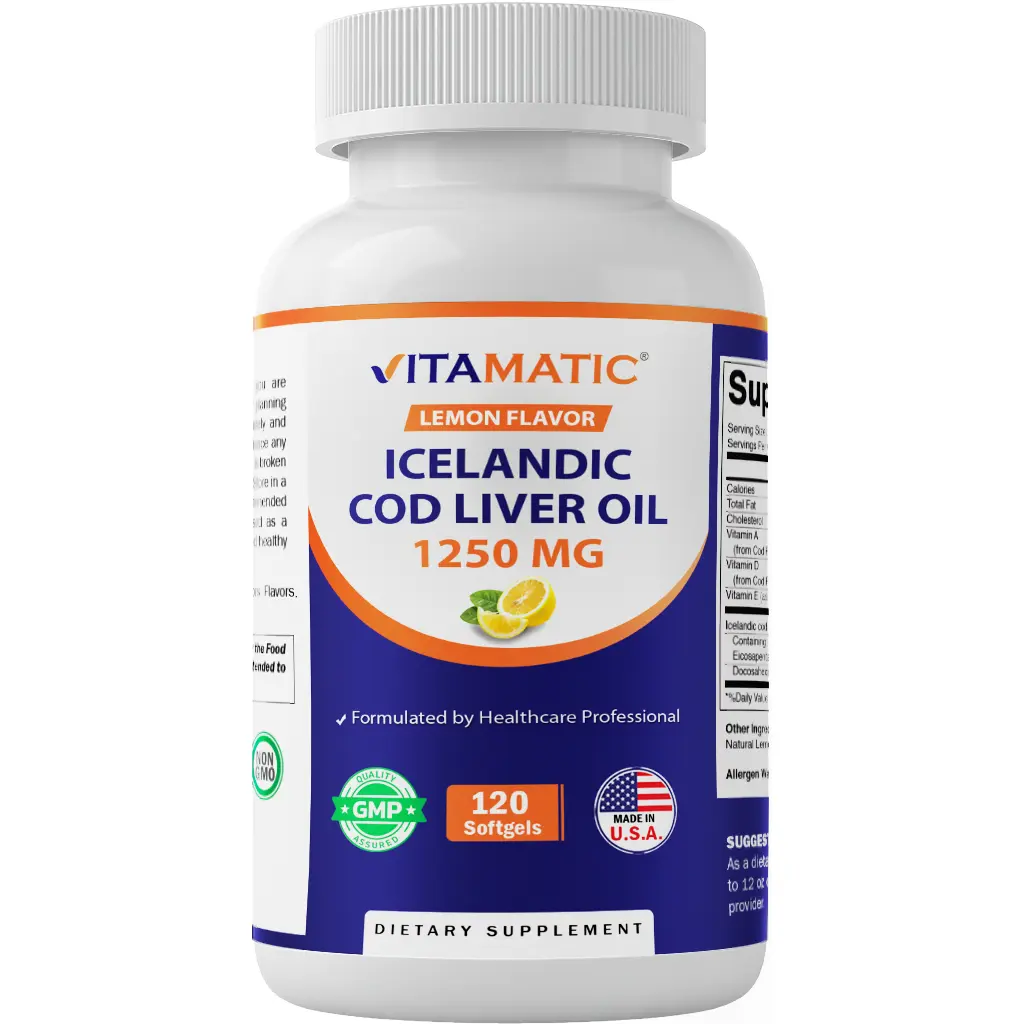 Vitamatic Edible Icelandic Cod Liver Oil Vitamin Dietary Supplements - 1250mg, 120 Lemon Flavor Softgels, Made in USA, No Artificial Flavors, Supports Cardiovascular, Joint & Brain Health