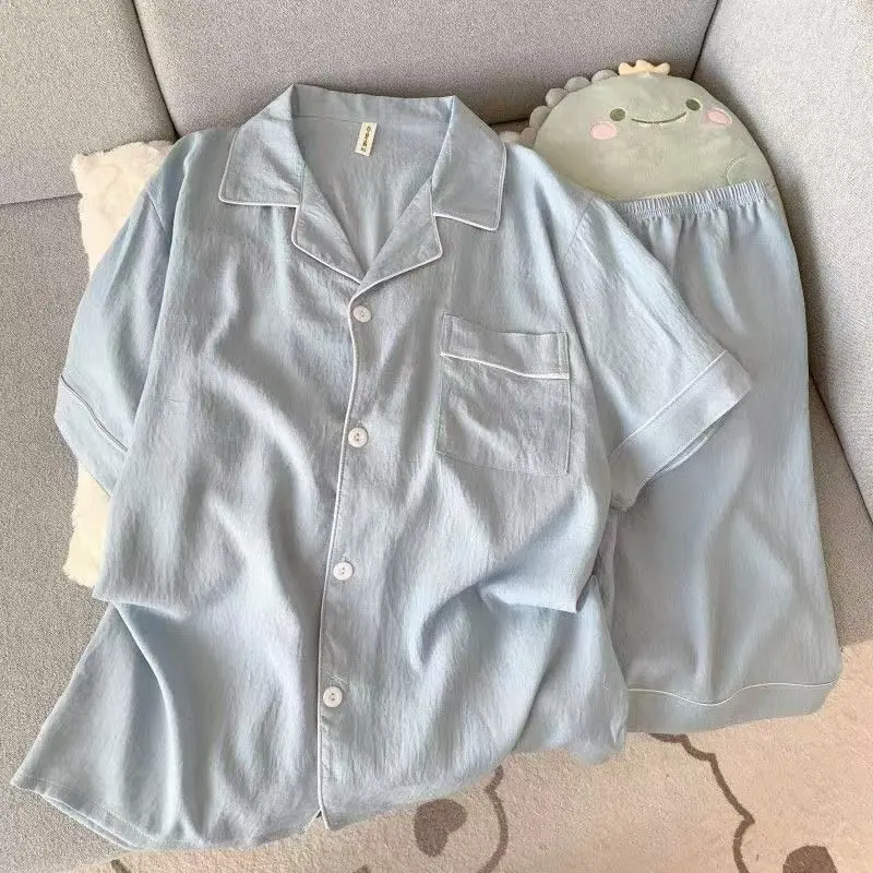 Men's Luxury Pyjamas, Plain Shortsleeve 2-Piece Set with Lapel Top and Elastic Shorts, Menswear Summer Loungewear in Plus Sizes, Loose, Pants