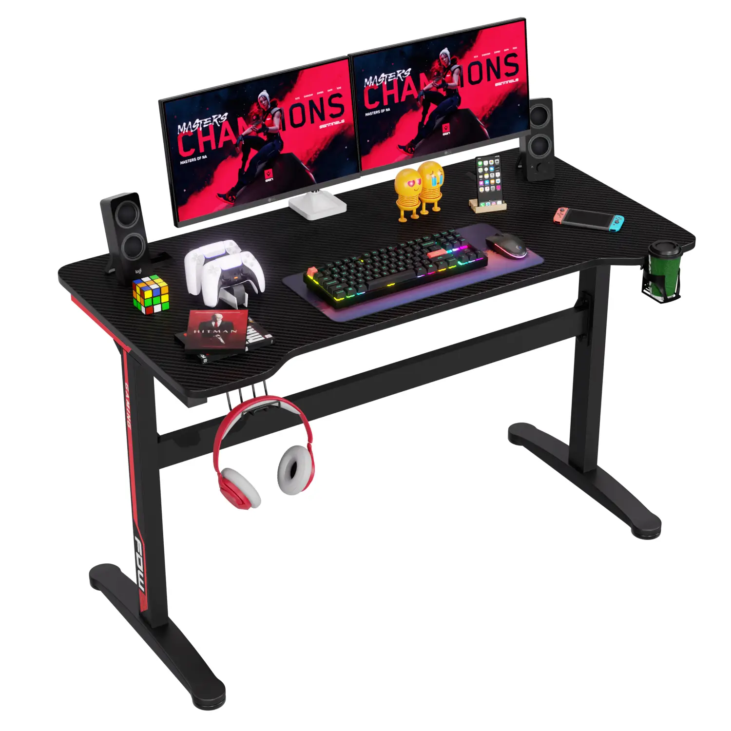 47.2 Inch Gaming Computer Desk Ergonomic Carbon Fiber PC Table Large Computer Desk PC Gaming Workstation Home Office Desks with Cup Holder Headphone H