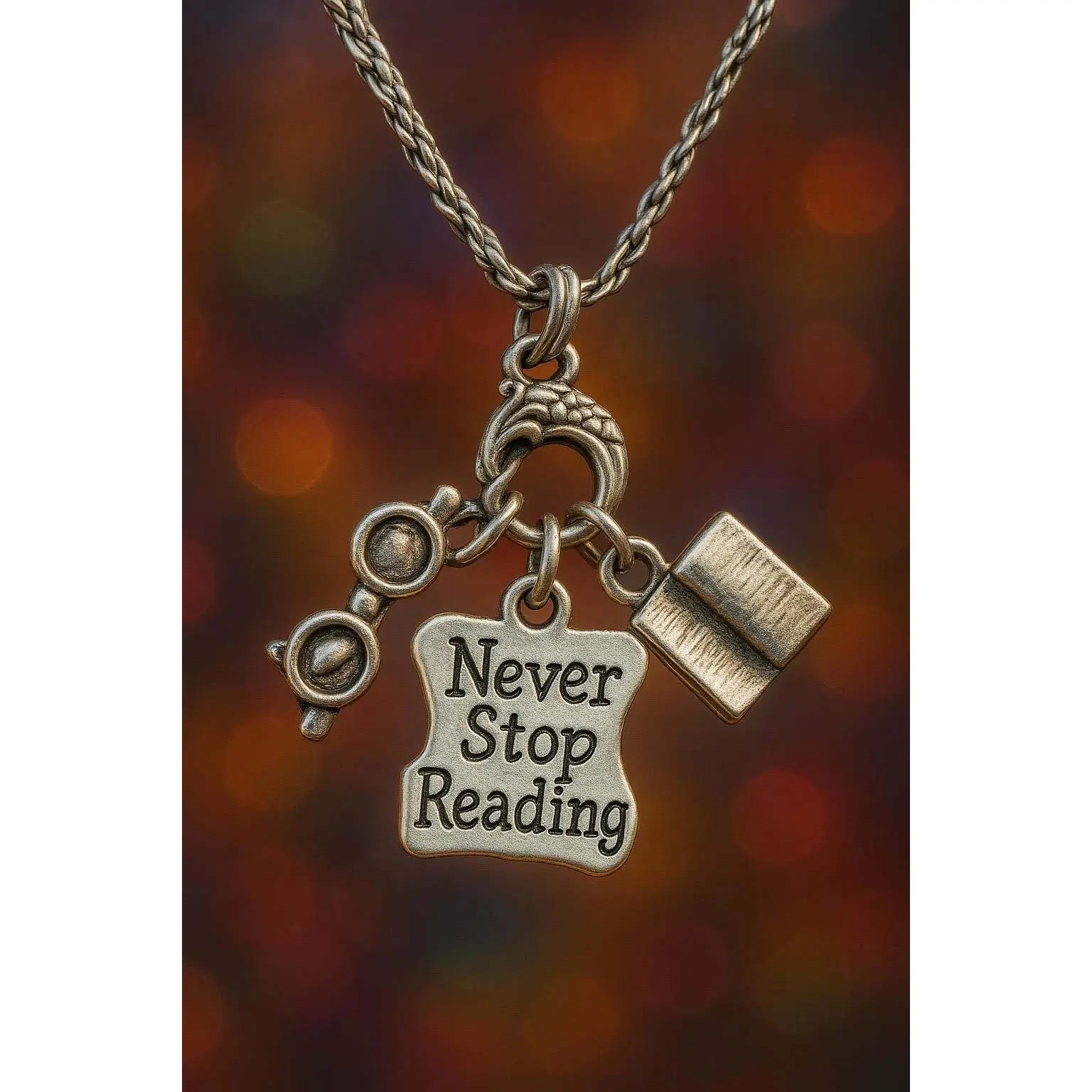 Never stop reading Charm Holder Necklace 20" Chain Necklace  reading glasses open book