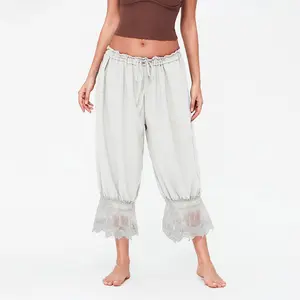 Womens Cropped Pants Loose Mid Rise Patchwork Lace Lantern Trousers Casual Streetwear
