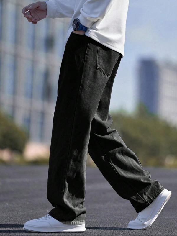 【Plus Size】 Men's Solid Color Wide Leg Slouchy Jeans, Fashion Casual Comfy Denim Trousers for Daily Outdoor Wear, Men Plus Size Bottoms for All Seasons, Pants