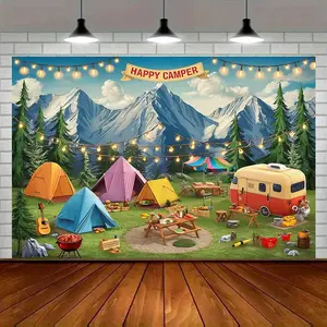 Modern Farmhouse 1pc Happy Camper Camping Scene Party Banner, Amber Glow Polyester, Mixed Color, Spring Summer Fall Winter,   with Room Decor, Home Decor, Wall Decor, Party Background Decor, for Room, Home,