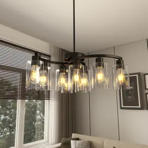 9-Light Black Modern Chandeliers for Dining Room, Adjustable Height Farmhouse Kitchen Island Lighting, Industrial Hanging Light Fixtures for Living Room Bedroom, Clear Glass Shade