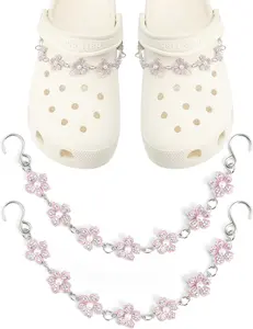 Pack of 17pcs Bling Shoe Charms for Women, Pair of Pearl Shoe Chains, 12Pcs Girly Jewelry Decoration Charms for Clog Sandals, DIY Flower Pearl Charm Accessories for Adult, Party Favors Birthday Gifts