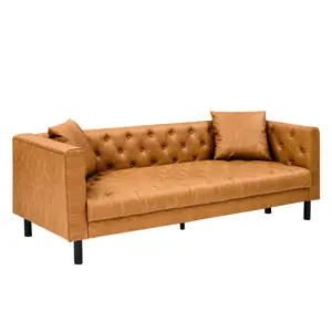 81 Inch Leather Couch for Living Room, Modern Sofa Couch with Deep Seat and 2 Pillows, Handmade Button Tufted 3 Seater Sofa, Leather Sofa for Apartment, Office, Orange