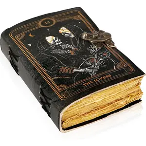 Book of Spells Leather Bound Journal Deckle Edge Paper Grimoire Printed Diary Third Eye  supply and  Spell Notebook Antique  Book for Men and Women (The Lovers)