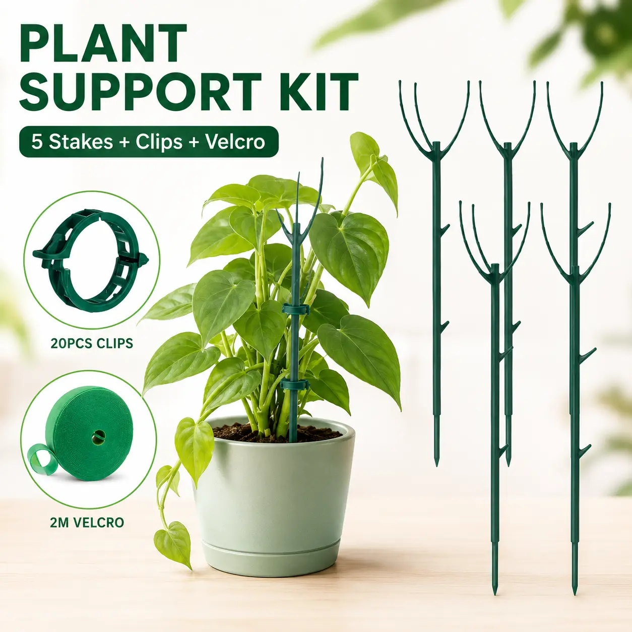 Moss Pole Alternative Plant Stakes, 6 Pack Stackable Support for Monstera & Vines, Garden Essential Trellis Sticks, Gardening Gifts for Women with 20Pcs Clips & Ties