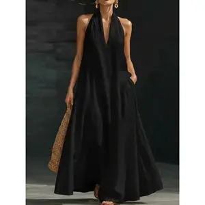Women's Halter Neck Flowy Black Maxi Dress with Pockets - Casual Vacation Beach Resort Wear