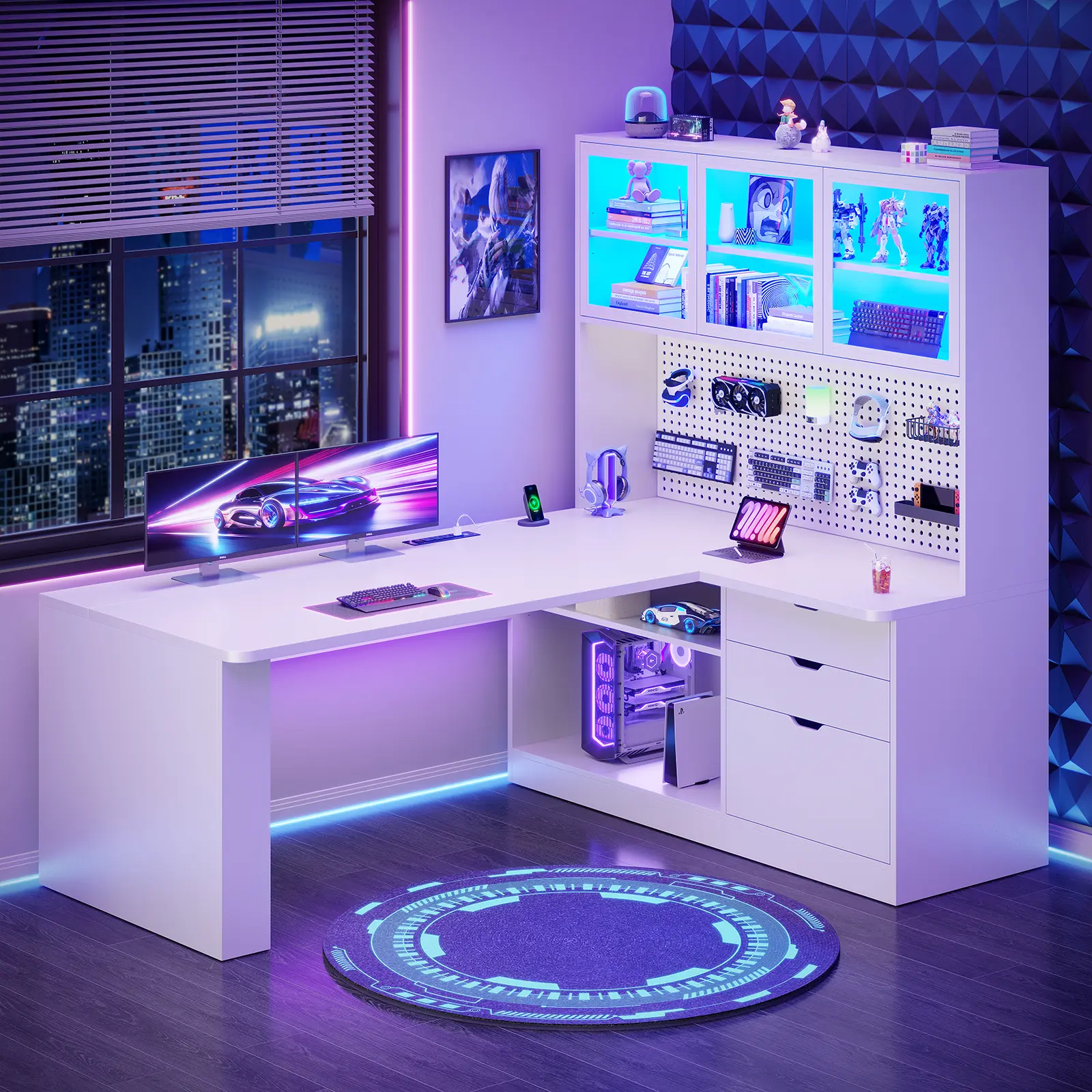 Sedeta 67" Sturdy Computer Desk - L-Shaped Corner Office Furniture with LED Light Strip, 3 Wooden Drawers, Large Bookshelves, Display Cabinets, Pegboard Grid, Durable Gaming Desk for Modern Setups