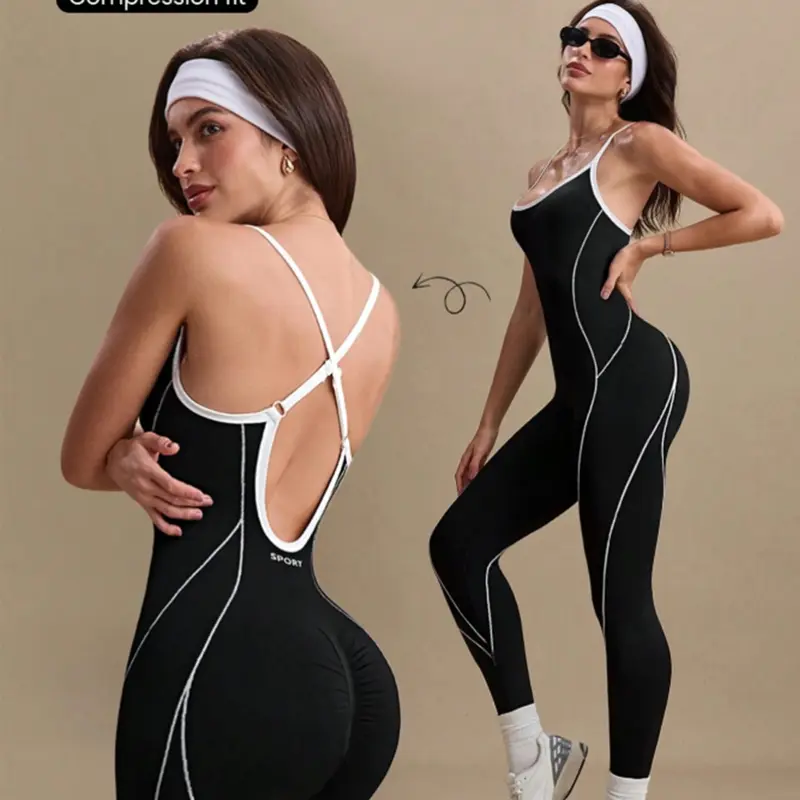 Women's Seamless Knitted Backless Cutout Tank Yoga Jumpsuit, Tight Fitting Jumpsuit, Sporty Style, Above the Ankle, All Seasons, Plain Pattern, Backless Sports Jumpsuit, Yoga Workout Jumpsuits