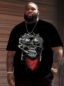 Men's Plus Size T-Shirt, Gorilla Smoking Cigar Print Short Sleeve Casual Running Basketball Football Tee, Fitted Daily Fashion Top