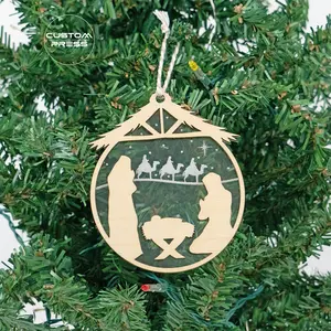 Wooden Nativity Ornament with Frosted or Clear Acrylic Background - Christmas Festive Decoration, 3.5x4.1 inches