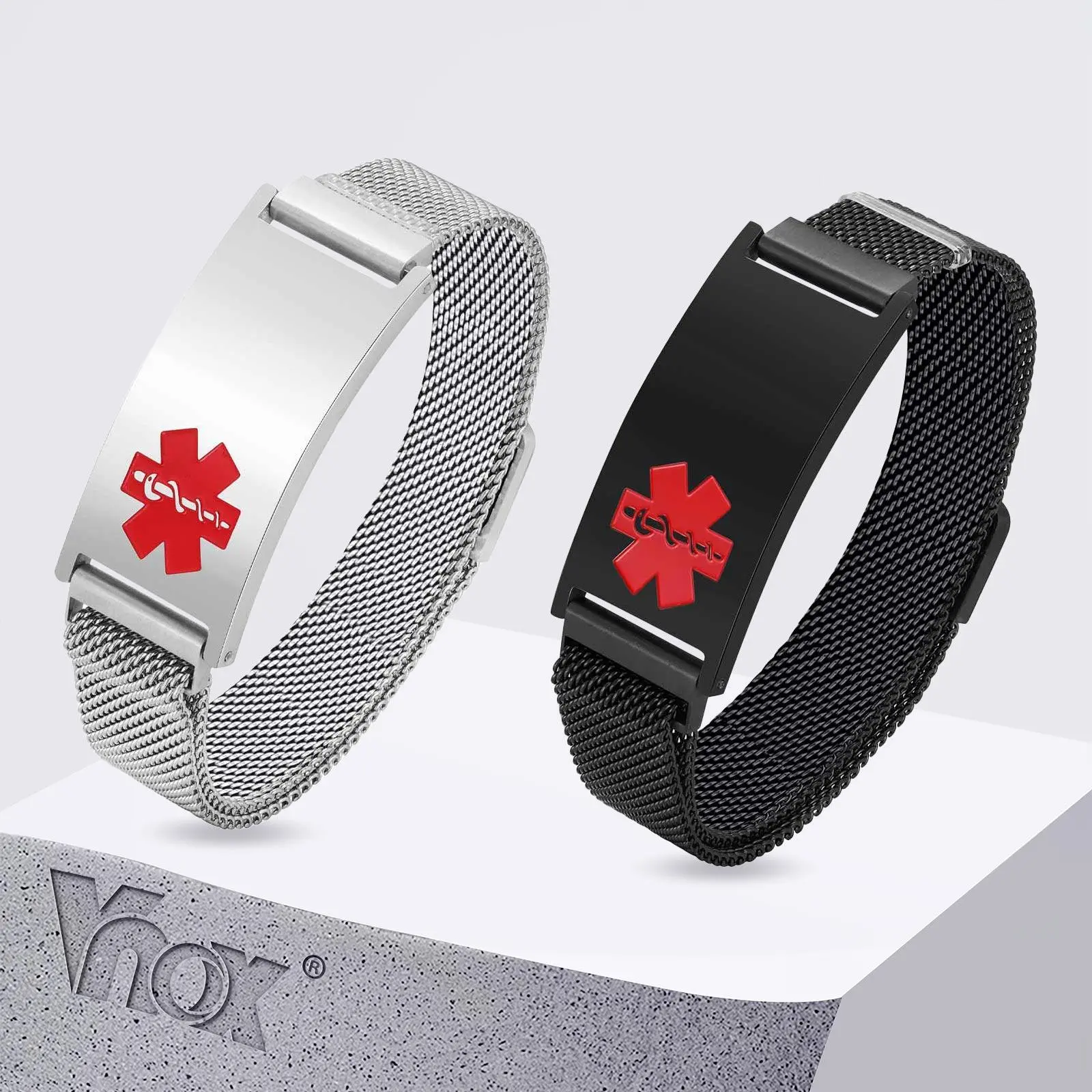 Vnox Free Engraving Medical Alert Bracelet for Men Boys, Stainless Steel Magnetic Clasp, Waterproof Adjustable ID Wristband Gift