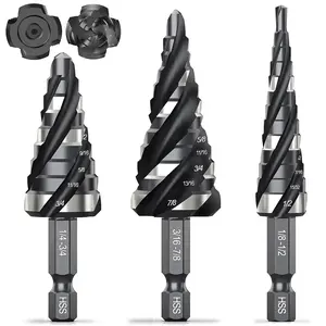 Four Spiral Flute Step Drill Bit Set, 3 Pcs HSS Step Drill Bits (1/8"-7/8") Unibit Step Drill Bit with Tool Box, 1/4" Shank Step Bits for Aluminum, Wood, Plastic, Metal # External Chamfer Deburring Tool Father's Day gift