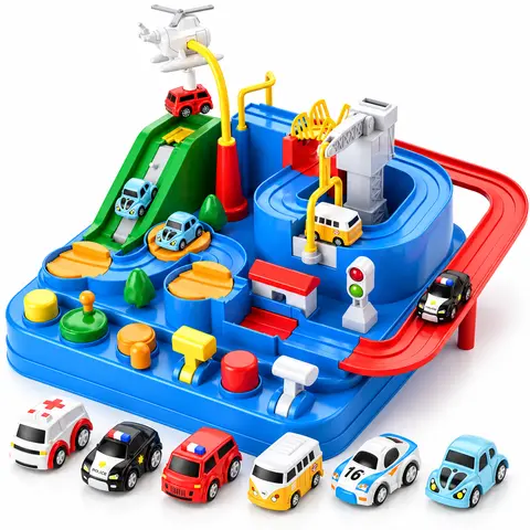 Car Adventure Toy Race Track Playset for Toddlers 3-5, Interactive City Rescue Puzzle with 6 Buttons 8 Challenges & Mini Cars, STEM Motor Skills Educational Gift for Boys Girls