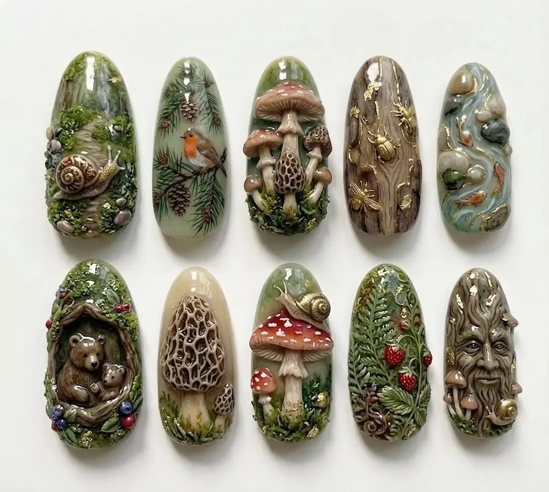 Cottagecore Forest Press On Nails 3D Mushroom & Snail Fake Nails Woodland Green Nature Nails  Handmade Botanical Nail Gift