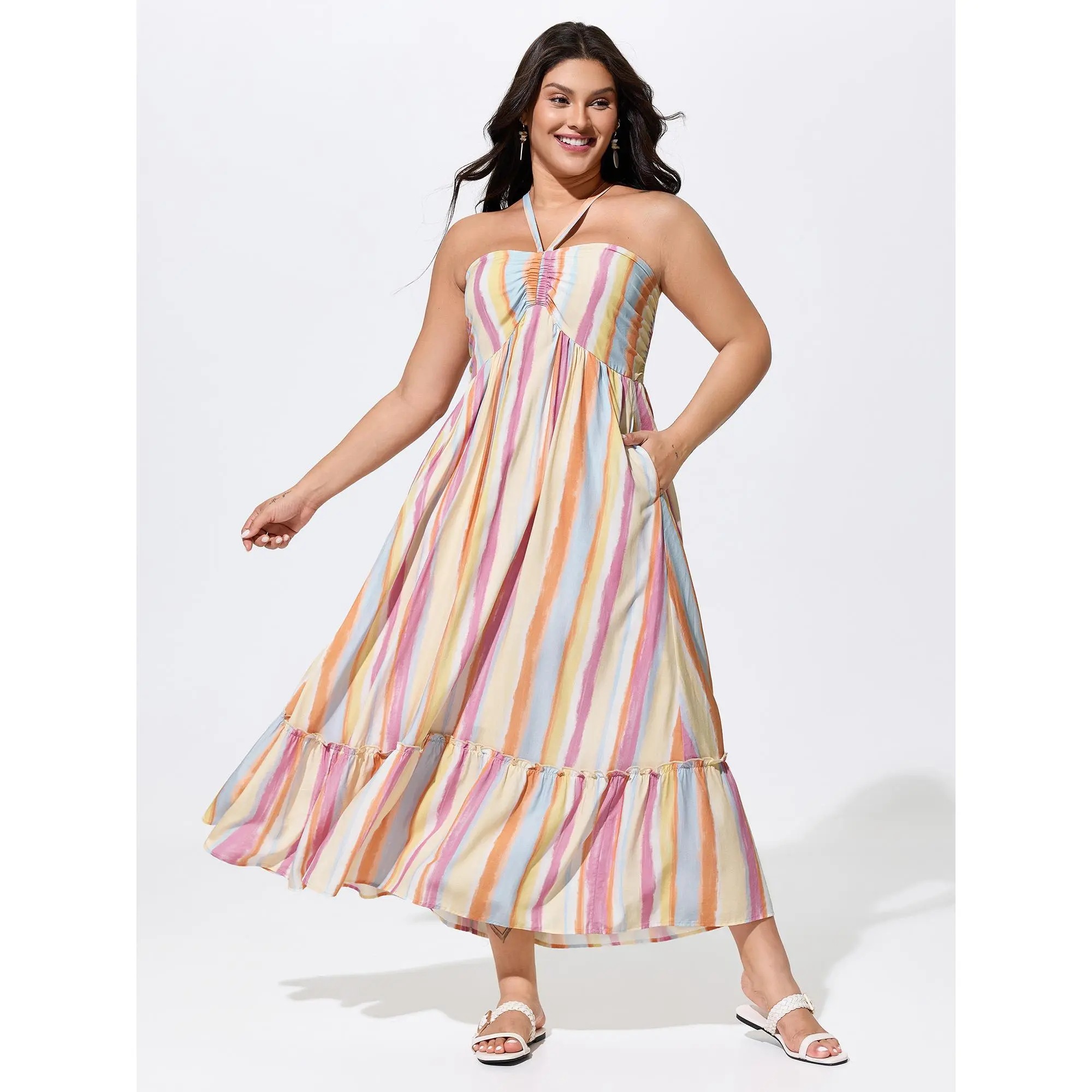 BloomChic Maxi Dress for Plus Size Women, Sleeveless Boho Striped Rayon Fabric with a Smocked Bodice and Pockets, Smooth, Polyester, Garment, Bohemian, Fit, Low Iron, Casual, Lady, Multicolor, Style, Maxi Dress For Women, Pull-On, Rayon Shell