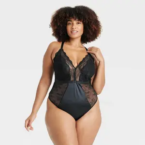 Women's Unlined Lace Lingerie Bodysuit - Auden Black XXL: Nylon Spandex, V Back, Cotton Gusset