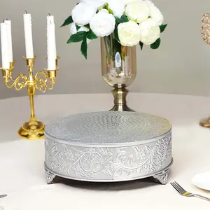 Metal 18" Round Cake Pedestal Stand Matte Silver - Cupcake Dessert Display Riser with Intricate Embossed Design for Upscale Events & Gatherings