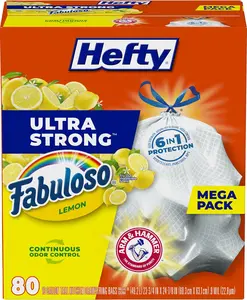 Hefty Ultra Strong 13 Gallon Trash Bags, Tall Kitchen Trash Bags 13 Gallon Size, Resist Leaks, Punctures, and Rips, Continuous Odor Control, White, Fabuloso Lemon Scent, 80 Bags