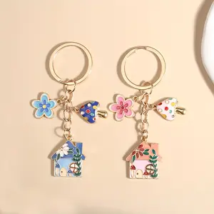 1/20pcs Mushroom Flower Cabin Keychain Trendy Cute Keychain Cute Metal Key Chain Ring Purse Bag Backpack Charm Car Hanging Ornament Earbud Case Accessories Women Female Gift