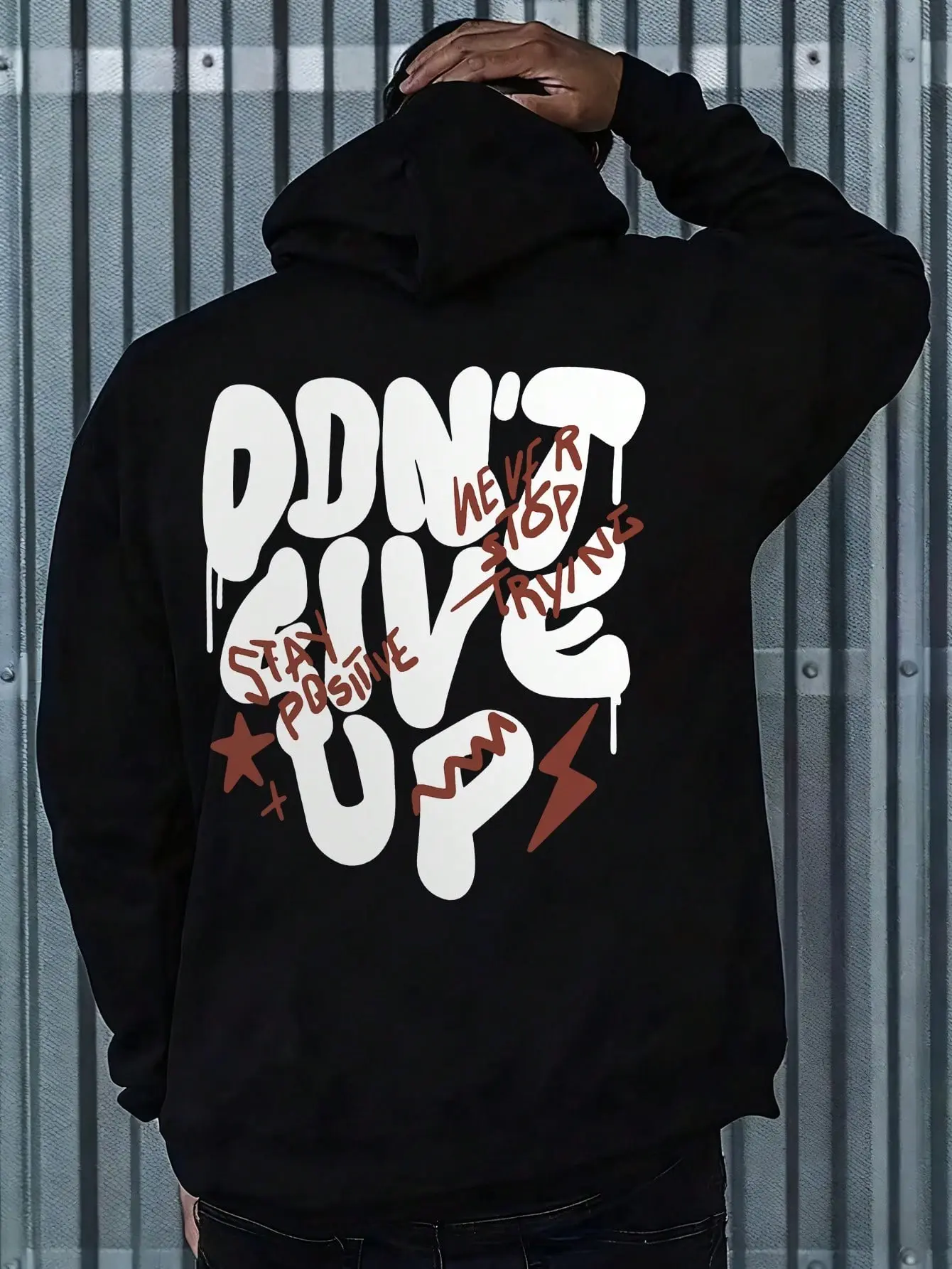 Don’t Give Up Stay Positive Back Print Hoodie, 270G Brushed Fleece Oversized Black Hooded Sweatshirt, Graffiti Drip Lettering Never Stop Trying Motivational Graphic, Urban Hip Hop Streetwear Pullover For Men Women