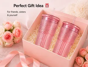 2 Pack Pink Glass Cups with Lid and Straw, 20oz Aesthetic Drinking Tumbler Set, Cute Ribbed Glass Cups for Iced Coffee, Juice & Summer Drinks