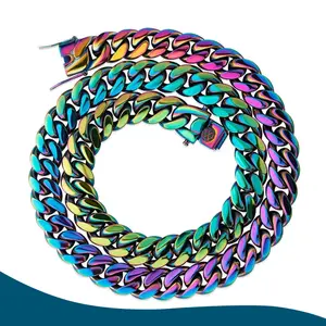 10mm Rainbow Colorful Stainless Steel Cuban Link Chains Hip Hop Multicolor Chunky Heavy Cut Curb Necklace for Men 7.5"-30"