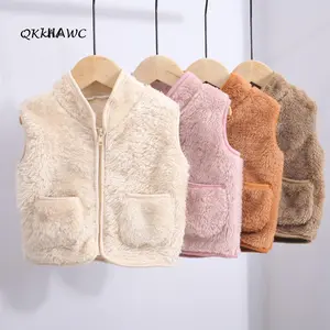 Infant Sleeveless Plush Vest, Kids Solid Color V-neck Zipper Outerwear with Pockets