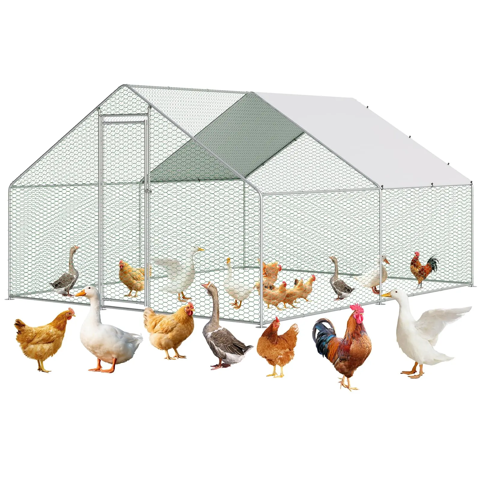 Large metal chicken coop, large chicken coop for backyard use, with waterproof and UV-resistant covering, outdoor enterable chicken coop (9.8*19.7*6.6 ft), silver gray, flip-up plastic grass mat, maple wood tabletop, and folding shelves