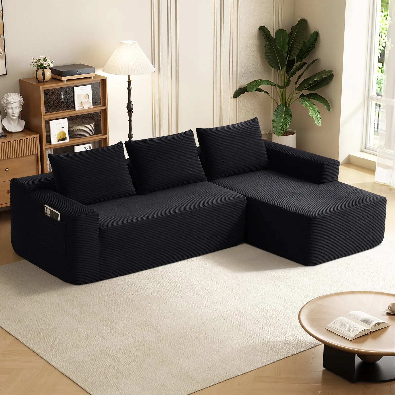 96.9" Cloud Sectional Sofa with L-Shape Chaise and Side Pockets , Bonelesscouches Compression Sleeper Bed ,Couch in a Box，Modern Sectional Modular Design, Deep Seating, Upholstered  for Living Room/Bedroom, No Assembly Required (Corduroy Fabric), summervi