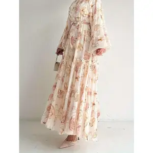 Printed round neck Kaftan dress, elegant long sleeved lace up skirt - soft, flowing fabric - suitable for women - perfect for casual occasions, parties, and vacations - ideal gift for women