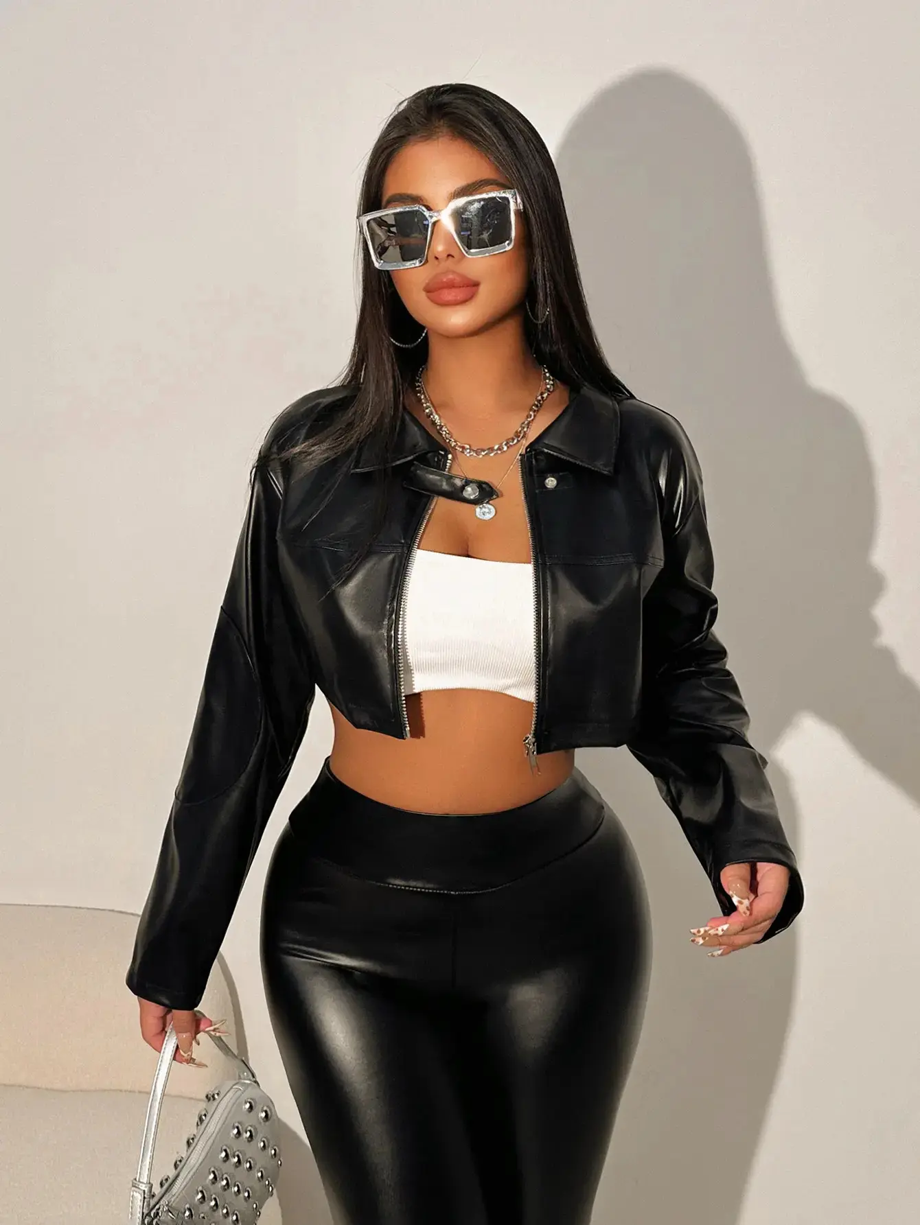 Women's Black PU Leather Short Jacket - Fitted Trendy Long-Sleeve Design | Minimalist Modern Chic Essential for Autumn City Wear Loose Fit Maxi Dress Athleisure Spring Fall Women Gift Sweater Straight Leg High Waist