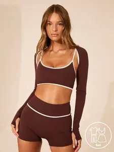 DORRIS 3 Piece Set Leisurewear Active Spring Summer Exercise Vacation Beach Binding Detail Crop Strappy Bike Short Shrug Three Piece Set