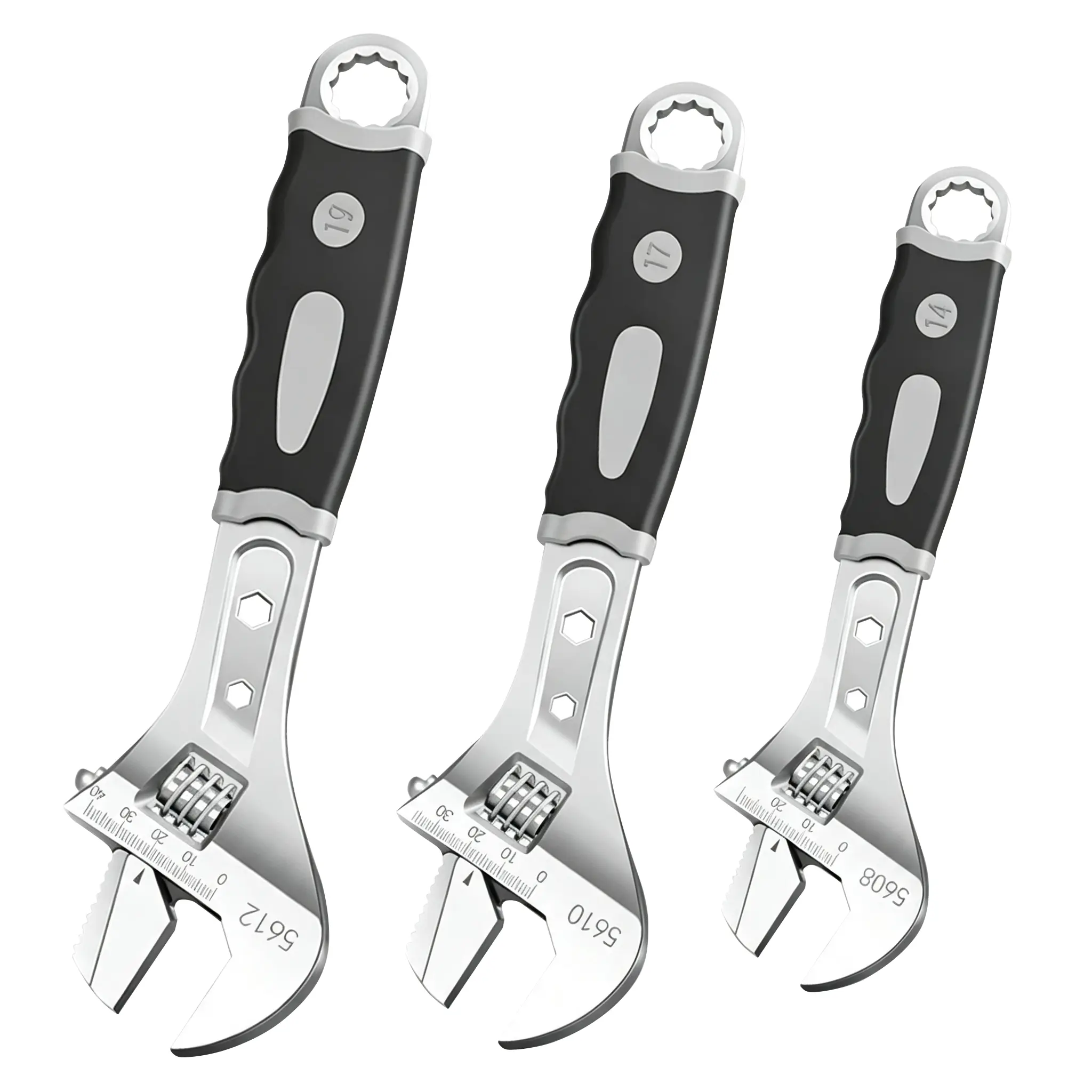 3-Size High Carbon Steel Wide Mouth Adjustable Wrench Set (8, 10, 12 inches)-features laser-engraved SAE and metric scales on the surface;heat treatment; non-slip grip; thumb-wheel design; for pipeline installation, hardware work, vehicle maintenance