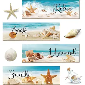 4 Pieces Wood Ocean Beach Bathroom Wall Decors Hanging Seashell Starfish Wooden Sign Relax Soak Unwind Breathe Art Bathroom Sign for Living Room Laundry Bathroom Spa Washroom Decorations Supplies