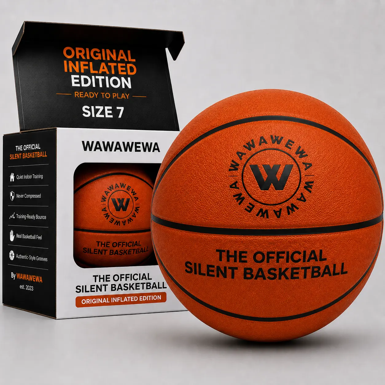WAWAWEWA The Official Silent Basketball Size 7 (29.5") Uncompressed –Indoor Basketball for Quiet Dribbling – Grooved Airless Indoor Training PU Foam Basket Ball – Real Feel Silent Play for All Ages