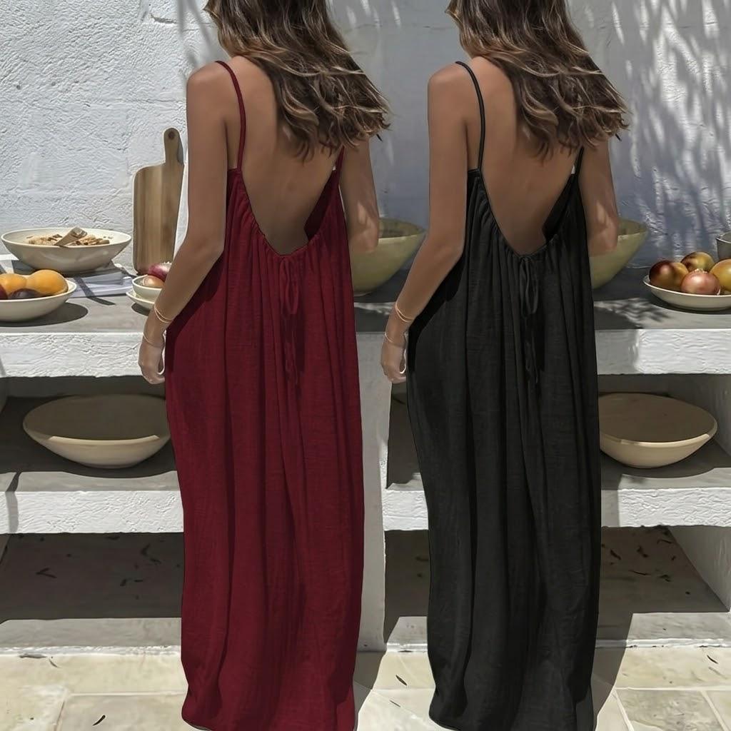 Women's Solid Color Backless Spaghetti Strap Cami Dress,1/2PCS S-5XL Casual Minimalist Sleeveless Dress for Summer, Ladies Clothes for Beach Holiday Vacation