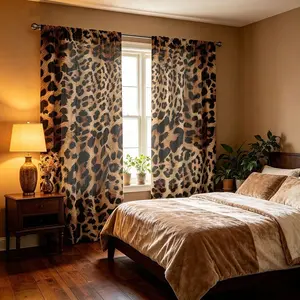 2-piece leopard print printed semi-transparent curtains, rod bag curtains, suitable for living room, bedroom and home decoration. Hand washable, hookless.
