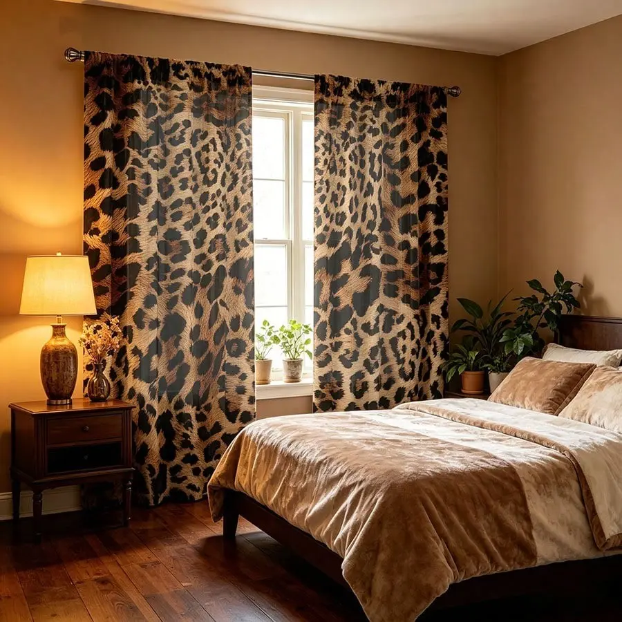 2-piece leopard print printed semi-transparent curtains, sheer curtain, rod bag curtains, suitable for living room, bedroom and home decoration. Hand washable, hookless.