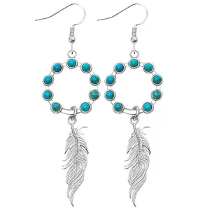 Desert Dreams Feather Earrings | Western Style Turquoise Earring Set Western-Inspired Silver Hoop with Turquoise Accents & Feather Drop Lightweight Comfortable for All-Day Wear