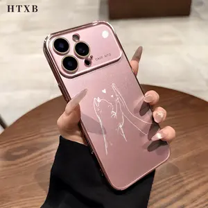 White line cat hand-drawn pattern electroplated protective case with large viewing window suitable for iPhone 17-13 Pro Max/Pro/Plus series