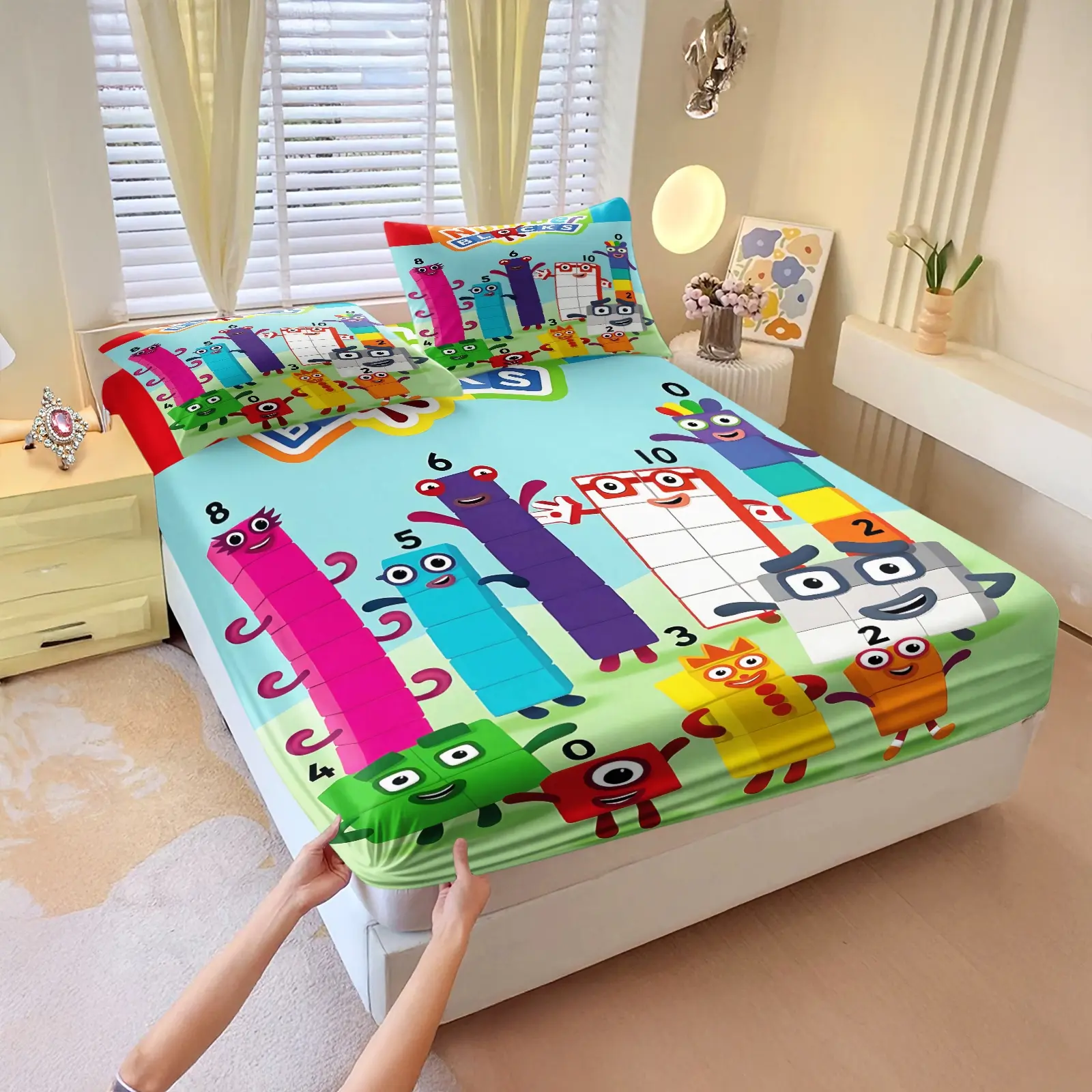 Numberblocks Theme Fitted Sheet Set, Cute Sheets, Cartoon printed bedding, Includes 1 Fitted Sheet & 2 Pillowcases without Filler, Full of childlike fun, Soft and comfortable bedroom bedding, Suitable for all seasons