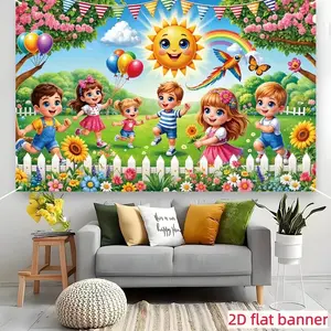 Happy Kids Spring Garden Backdrop Banner, Cartoon Sun Birthday Party Photo Backdrop, Kids Classroom Decor, Home Decor, Festival & Party Supplies