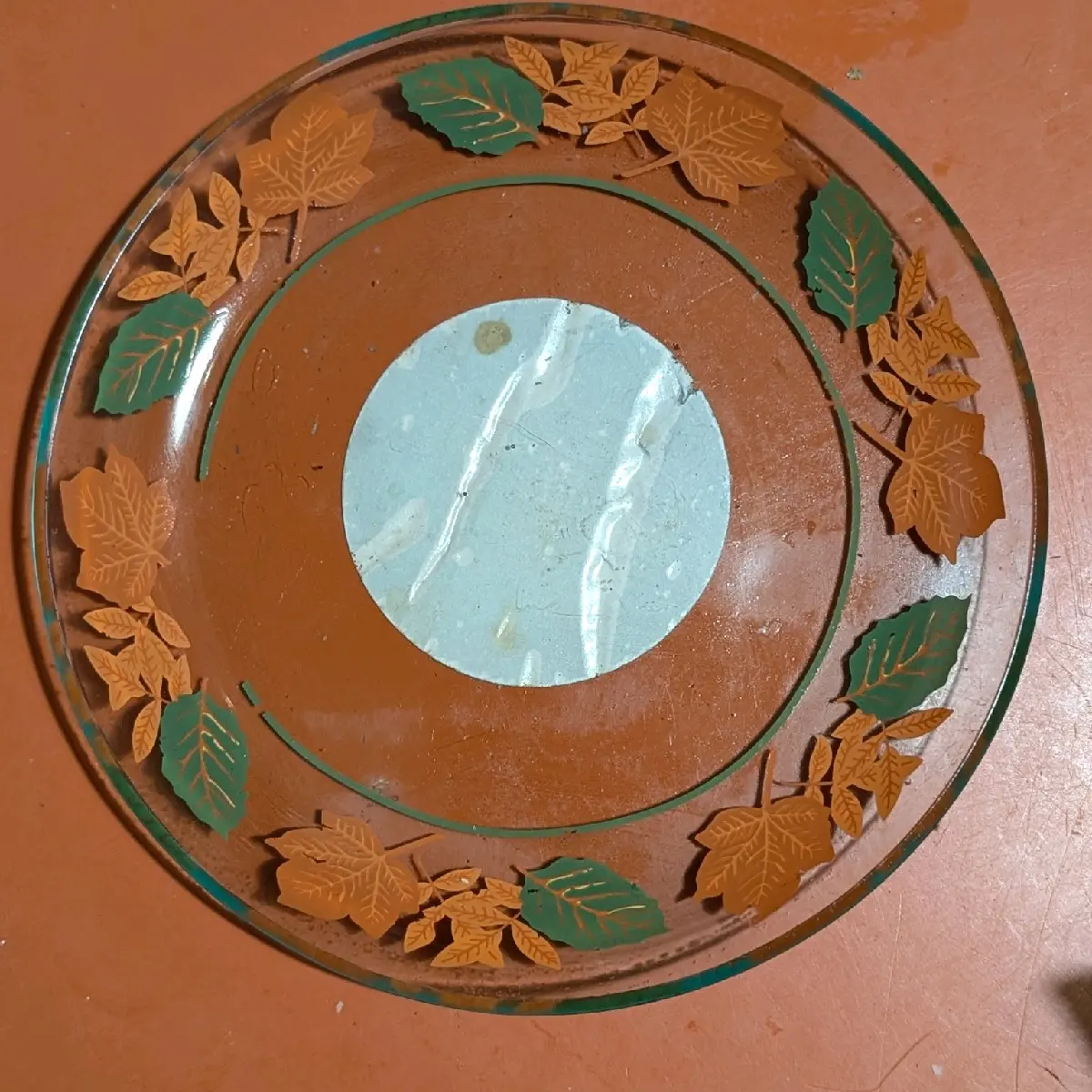 Glass Harvest Candle Plate for 5.9-inch #3 Pillar Candles with Orange Leaves