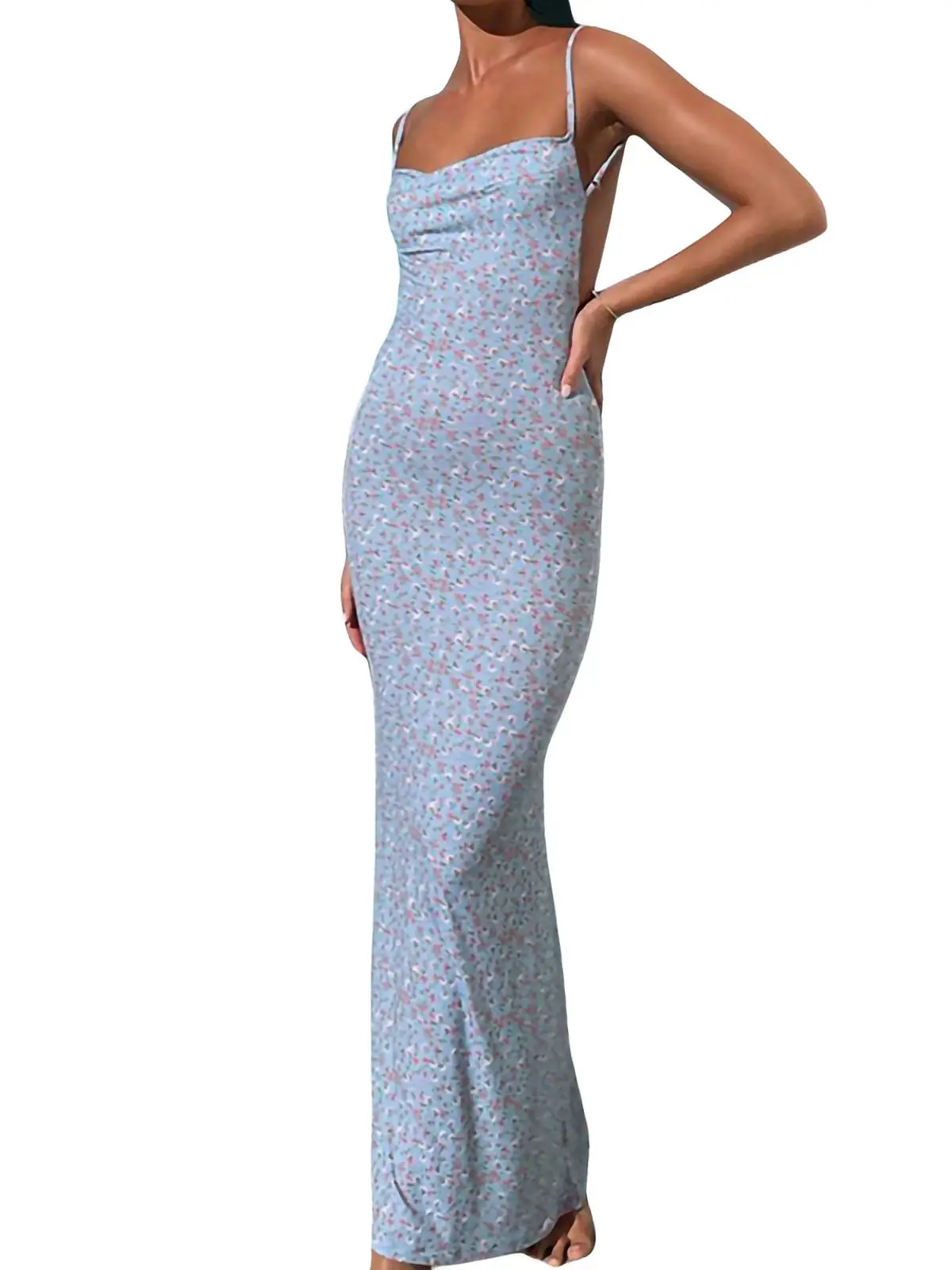 Vintage Thin Shoulder Belt Floral Sun Summer Clothes Vacation Super Long Dress Women Cuffless Square Collar Lovely Print Waist Sexy Halter Skirt Y2k Satin Suspender Tight Dress Polyester Streetwear
