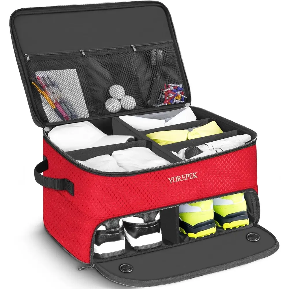 Golf Trunk Organizer for Golfers - Multi-Compartment Waterproof Car Interior Accessory with Ventilated Shoe Slot for 2 Pairs of Shoes, Holds Balls, Tees, Clothes, Gloves, Accessories - Birthday, Xmas Gift, Father's Day