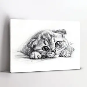 A Vintage Scottish Fold Cat Sketch Canvas Art Print, Inspired by Albert Durer, Black and White Wall Art Decoration, Animal Theme Framed Painting, Suitable for Bedroom, Living Room, Bathroom - Elegant Home Decor