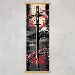 1pc Framed Katana & Cherry Blossoms Wooden Wall Art - Vibrant Red Sun Scroll Painting, Anime-Inspired Canvas Poster with Black Frame - Modern Japanese Decor, Modern Home Decor for Indoor/Outdoor, Vertical Hanging Scroll, Kawaii Room Decor